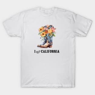 I Love California Boho Cowboy Boots with Flowers T-Shirt